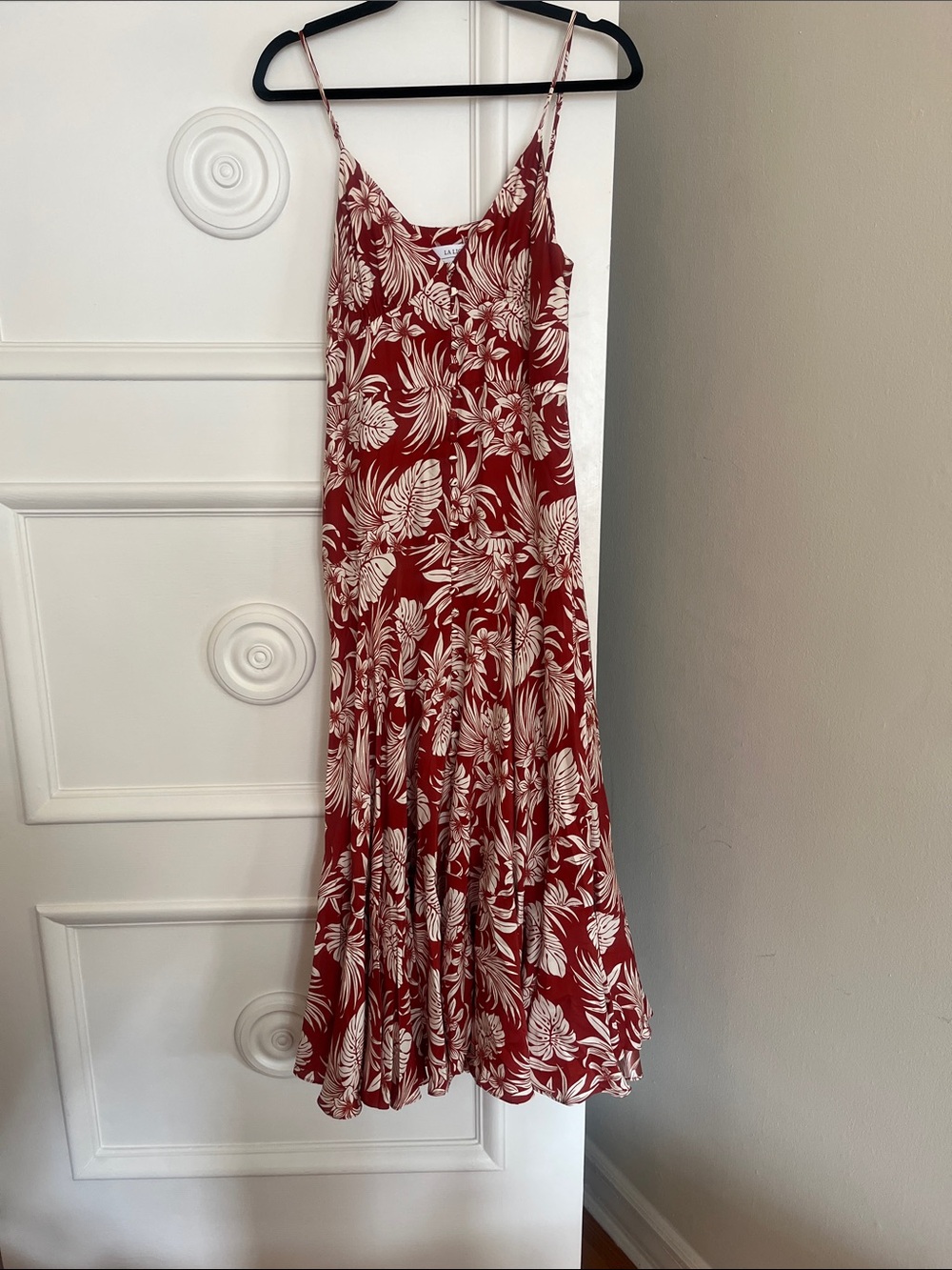 La Ligne Red Floral Slip Midi Dress with White Leaf Print